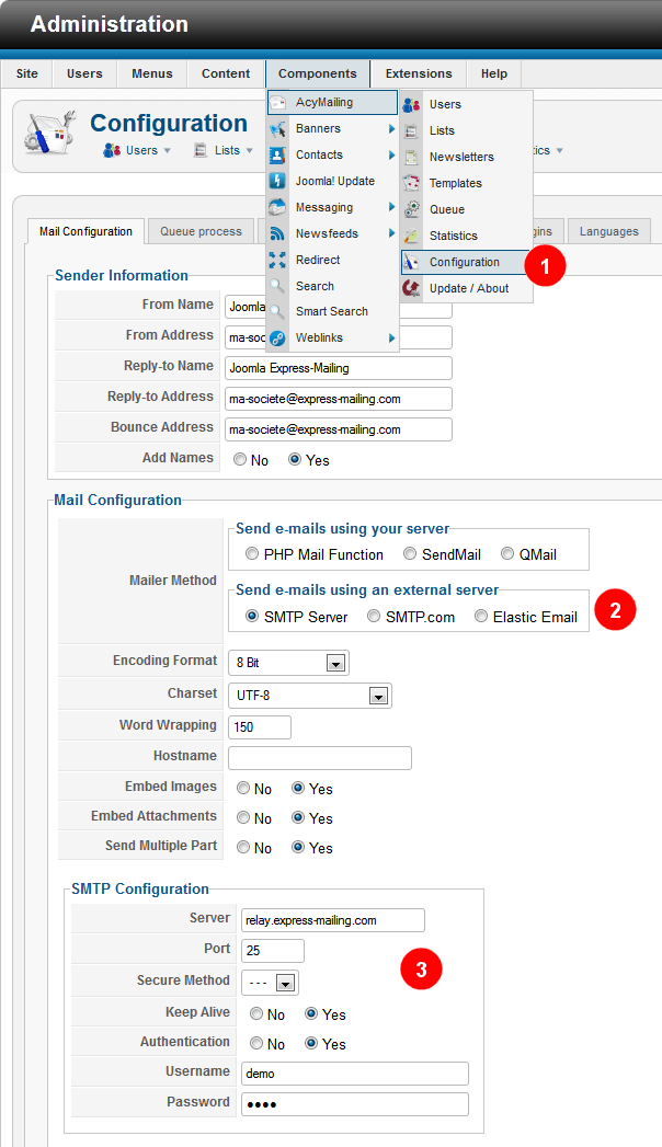 Screen du menu de configuration